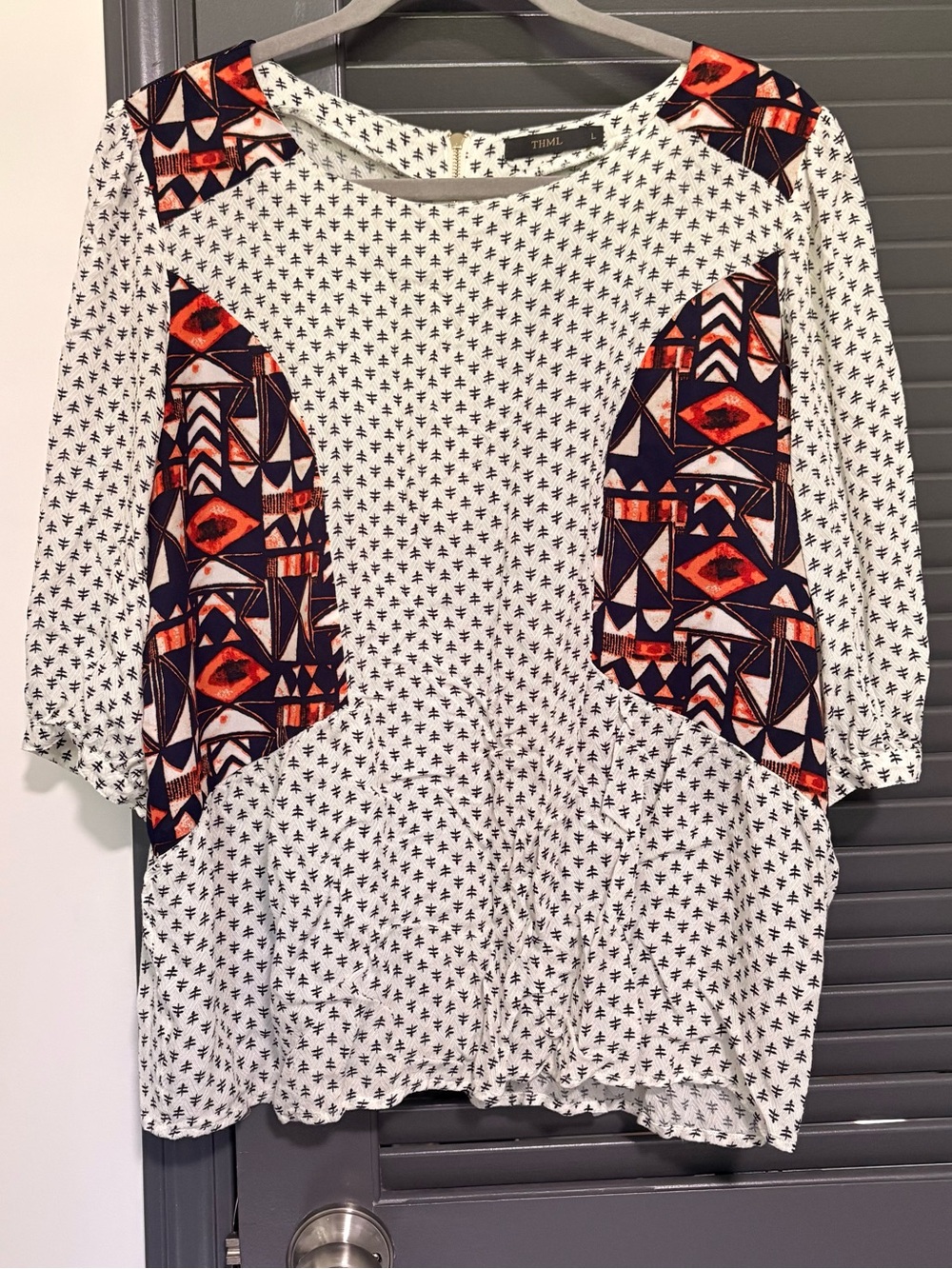 THML White Tunic with Navy & Orange Geometric Panels